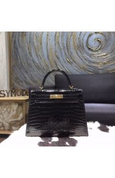 Luxury Hermes Kelly Sellier Rigide 28cm Shiny Alligator Crocodile Gold Hardware Handstitched, Noir RS10620
