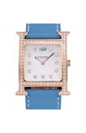 REPLICA HERMES HEURE H ROSE GOLD DIAMOND ENCRUSTED BEZEL BLUE LEATHER STRAP WHITE DIAL RS23251