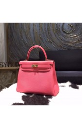 Replica Hermes Kelly 25cm Taurillon Clemence Calfskin Original Leather Bag Handstitched Gold Hardware, Rose LIpstick U5 RS08912