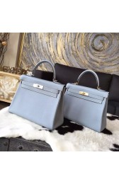 Replica Hermes Kelly 28cm/32cm Taurillon Clemence Bag Handstitched Palladium/Gold Hardware, Blue Lin J7 RS16531