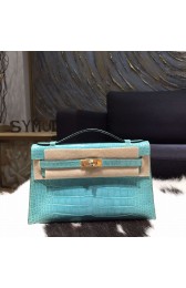 Replica Hermes Mini Kelly Pochette 22cm Shiny Alligator Gold Hardware Handstitched , Turquoise Blue 7B RS19855