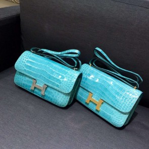 AAA Hermes Constance Elan 26cm Shiny Crocodile Skin Bag Handstitched Gold/Palladium Hardware, Turquoise Blue 7B RS11450