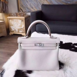AAA Hermes Kelly 25cm Taurillion Clemence Calfskin Bag Handstitched Palladium Hardware, Pearl Grey CK80 RS03281