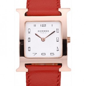 Hermes Heure H Rose Gold Bezel Red Leather Strap White Dial RS23224