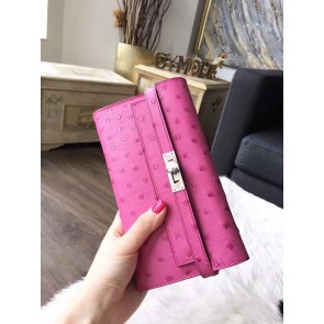 Best Hermes Kelly 31cm Wallet Autruche Ostrich Skin Handstitched, Fuschia Pink 5J RS07572
