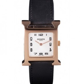 FAKE HERMES HEURE H ROSE GOLD BEZEL BLACK LEATHER STRAP WHITE DIAL RS23225