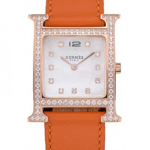 HERMES HEURE H ROSE GOLD DIAMOND ENCRUSTED BEZEL ORANGE LEATHER STRAP WHITE DIAL RS23234