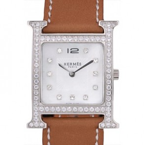 HERMES HEURE H STAINLESS STEEL DIAMOND ENCRUSTED BEZEL TAN LEATHER STRAP WHITE DIAL RS23236