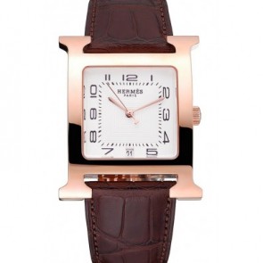 HERMES HEURE H WHITE DIAL GOLD CASE BROWN LEATHER STRAP RS23239