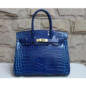 Hermes Shiny Alligator Crocodile Birkin 30cm Palladium Hardware Handstitched, Electric Blue 7T RS04484