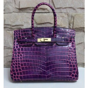 Hermes Shiny Alligator Crocodile Birkin 30cm Palladium Hardware Handstitched, Violet 5C RS08488