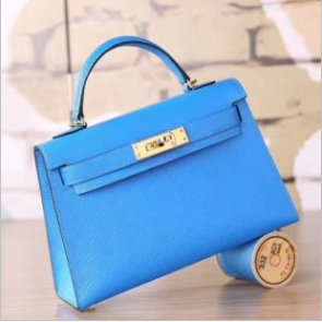 Hermes Blue Hydra Chevre Kelly Mini II 20cm Handmade Bags RS23474