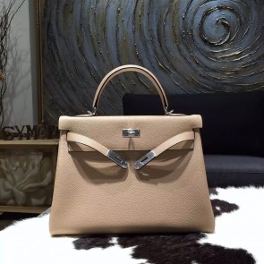 Knockoff Hermes Kelly 28cm/32cm Taurillon Clemence Bag Handstitched Palladium Hardware, Gris Tourterelle CK81 RS11306