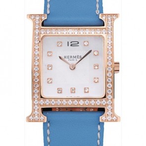 REPLICA HERMES HEURE H ROSE GOLD DIAMOND ENCRUSTED BEZEL BLUE LEATHER STRAP WHITE DIAL RS23251