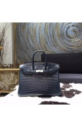 AAA Hermes Birkin 25cm Matte Crocodile Skin Bag Handstitched Palladium Hardware, Blue Indigo CK76 RS03510