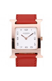 Hermes Heure H Rose Gold Bezel Red Leather Strap White Dial RS23224