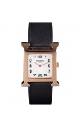 FAKE HERMES HEURE H ROSE GOLD BEZEL BLACK LEATHER STRAP WHITE DIAL RS23225