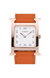 AAAAA Hermes Heure H Rose Gold Bezel Orange Leather Strap White Dial RS23226