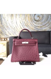 Copy Best Hermes Autruche Ostrich Kelly 28cm Souple Retourne Bag Handstitched Palladium Hardware, Bordeaux CK57 RS12478