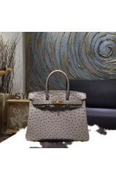 Copy Fashion Hermes Autruche Ostrich Birkin 30cm Bag Handstitched Gold Hardware Handstitched, Mousse Gray CK19 RS12388