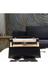 Copy Hermes Mini Kelly Pochette 22cm Box Calfskin Palladium Hardware, Noir Black RS16626