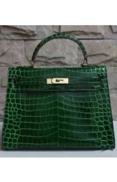Designer VIP Hermes Shiny Alligator Crocodile Kelly 28cm/32cm Sellier Rigide Bag Gold Hardware Handstitched, Vert Fonce CK67 RS08257