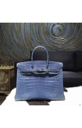 Fake Hermes Shiny Alligator Birkin 35cm Bag Hand Stitched Palladium Hardware, Blue Tempete N7 RS01834