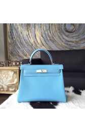 Fashion Hermes Kelly 28cm Epsom Calfskin Original Leather Bag Handstitched Palladium Hardware, Celeste 7N/Mykonos 7Q Interior RS17973