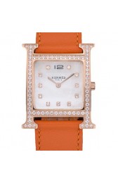 HERMES HEURE H ROSE GOLD DIAMOND ENCRUSTED BEZEL ORANGE LEATHER STRAP WHITE DIAL RS23234