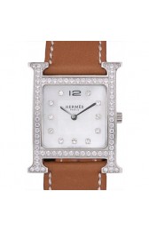 HERMES HEURE H STAINLESS STEEL DIAMOND ENCRUSTED BEZEL TAN LEATHER STRAP WHITE DIAL RS23236