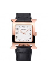 HERMES HEURE H WHITE DIAL GOLD CASE BLACK LEATHER STRAP RS23238