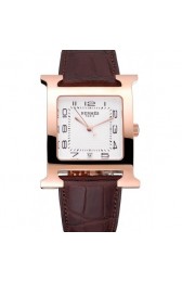 HERMES HEURE H WHITE DIAL GOLD CASE BROWN LEATHER STRAP RS23239