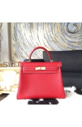 Hermes Kelly 28cm Epsom Calfskin Original Leather Bag Handstitched Gold Hardware, Rouge Casaque Q5/Blue Thalassa 7A Interior RS06866