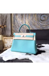 Hermes Kelly 28cm Togo Calfskin Bag Handstitched Palladium Hardware, Lagon Blue 7V RS09234