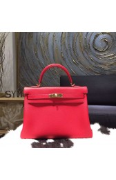 Hermes Kelly 32cm Taurillon Clemence Calfskin Original Leather Bag Handstitched Gold Hardware, Rouge Casaque CKQ5 RS13590