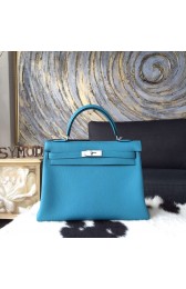 Hermes Kelly 32cm Togo Calfskin Bag Handstitched Palladium Hardware, Blue Turquoise 7B RS10567
