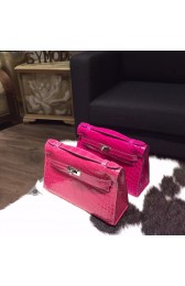 Hermes Mini Kelly Pochette 22cm Shiny Alligator Palladium Hardware Handstitched, Fuschia Pink J5 RS16373