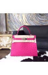Imitation Hermes Autruche Ostrich Kelly 32cm Sellier Rigide Bag Handstitched Palladium Hardware, Fuschia Pink 5J RS16236