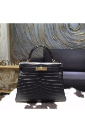 Imitation Hermes Matte Alligator Crocodile Kelly 28cm Gold Hardware Handstitched, Noir Black RS21280