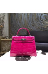 Imitation VIP Hermes Shiny Alligator Crocodile Kelly 28cm Sellier Rigide Bag Palladium Hardware Handstitched, Rose Scheherazade J5 RS01678