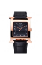KNOCKOFF HERMES HEURE H BLACK DIAL GOLD CASE BLACK LEATHER STRAP RS23242