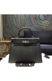 Quality Hermes Kelly 28/32cm Epsom Calfskin Original Leather Bag Hand Stitched Palladium Hardware, Noir Black RS02883