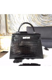 VIP Hermes Shiny Alligator Crocodile Kelly 28cm Sellier Rigide Palladium Hardware Handstitched, Noir Black/Flag Red RS02697